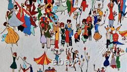Tableau ancien huile paysage animé manège Chapiteau forain kermesse Art Naif