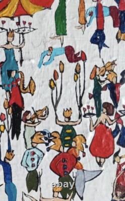Tableau ancien huile paysage animé manège Chapiteau forain kermesse Art Naif