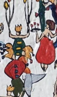 Tableau ancien huile paysage animé manège Chapiteau forain kermesse Art Naif