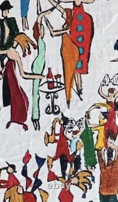 Tableau ancien huile paysage animé manège Chapiteau forain kermesse Art Naif