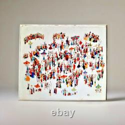 Tableau ancien huile paysage animé manège Chapiteau forain kermesse Art Naif