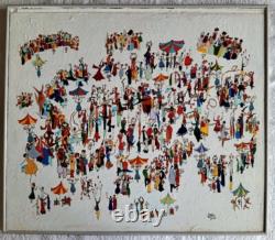 Tableau ancien huile paysage animé manège Chapiteau forain kermesse Art Naif