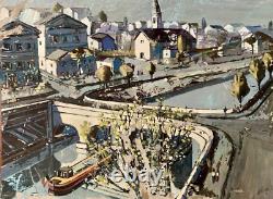 Tableau ancien huile paysage animé péniche Paris La Seine Dominique Cagninacci