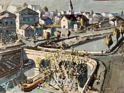 Tableau ancien huile paysage animé péniche Paris La Seine Dominique Cagninacci