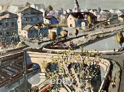 Tableau ancien huile paysage animé péniche Paris La Seine Dominique Cagninacci