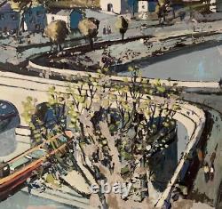 Tableau ancien huile paysage animé péniche Paris La Seine Dominique Cagninacci