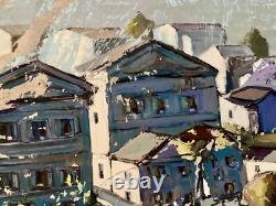 Tableau ancien huile paysage animé péniche Paris La Seine Dominique Cagninacci