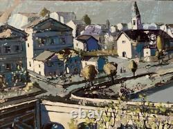 Tableau ancien huile paysage animé péniche Paris La Seine Dominique Cagninacci