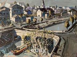 Tableau ancien huile paysage animé péniche Paris La Seine Dominique Cagninacci