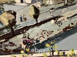 Tableau ancien huile paysage animé péniche Paris La Seine Dominique Cagninacci