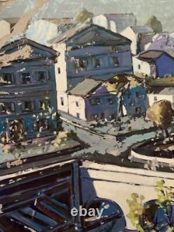 Tableau ancien huile paysage animé péniche Paris La Seine Dominique Cagninacci