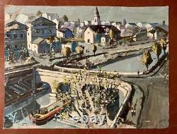 Tableau ancien huile paysage animé péniche Paris La Seine Dominique Cagninacci