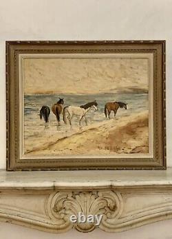Tableau ancien huile paysage chevaux Camargue scène de genre les gens du cirque