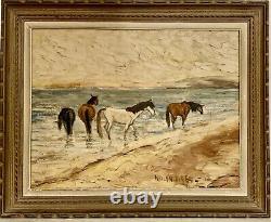 Tableau ancien huile paysage chevaux Camargue scène de genre les gens du cirque