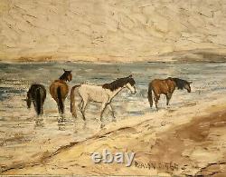 Tableau ancien huile paysage chevaux Camargue scène de genre les gens du cirque