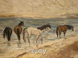 Tableau ancien huile paysage chevaux Camargue scène de genre les gens du cirque