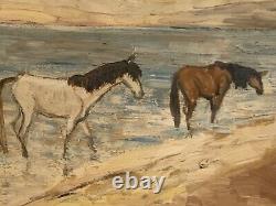 Tableau ancien huile paysage chevaux Camargue scène de genre les gens du cirque
