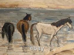 Tableau ancien huile paysage chevaux Camargue scène de genre les gens du cirque