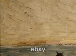 Tableau ancien huile paysage chevaux Camargue scène de genre les gens du cirque