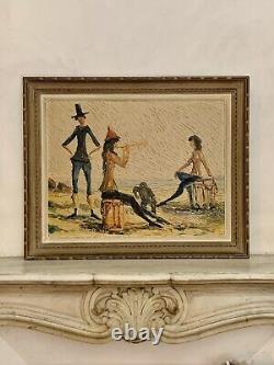 Tableau ancien huile paysage chevaux Camargue scène de genre les gens du cirque