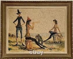 Tableau ancien huile paysage chevaux Camargue scène de genre les gens du cirque