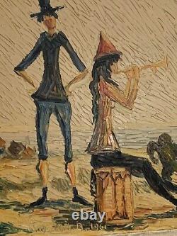 Tableau ancien huile paysage chevaux Camargue scène de genre les gens du cirque