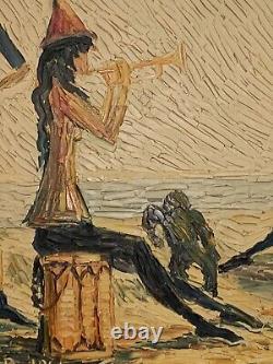 Tableau ancien huile paysage chevaux Camargue scène de genre les gens du cirque