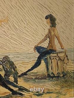 Tableau ancien huile paysage chevaux Camargue scène de genre les gens du cirque