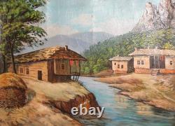Tableau ancien huile paysage fluvial maison de village