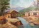 Tableau ancien huile paysage fluvial maison de village