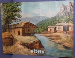 Tableau ancien huile paysage fluvial maison de village