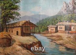Tableau ancien huile paysage fluvial maison de village