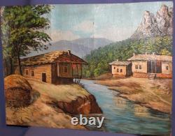 Tableau ancien huile paysage fluvial maison de village
