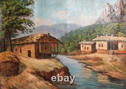 Tableau ancien huile paysage fluvial maison de village