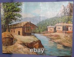 Tableau ancien huile paysage fluvial maison de village