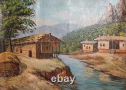 Tableau ancien huile paysage fluvial maison de village