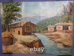 Tableau ancien huile paysage fluvial maison de village