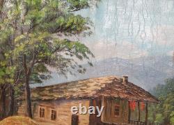 Tableau ancien huile paysage fluvial maison de village
