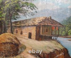 Tableau ancien huile paysage fluvial maison de village