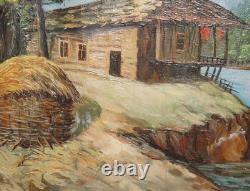 Tableau ancien huile paysage fluvial maison de village