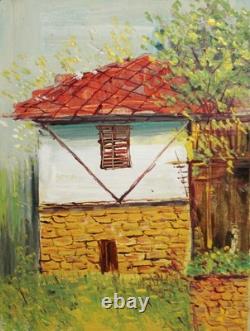 Tableau ancien huile paysage maison de village
