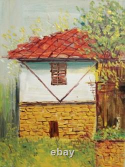 Tableau ancien huile paysage maison de village