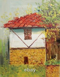 Tableau ancien huile paysage maison de village