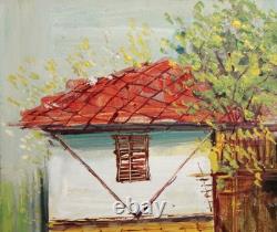 Tableau ancien huile paysage maison de village