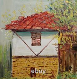 Tableau ancien huile paysage maison de village
