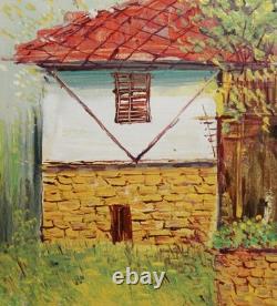 Tableau ancien huile paysage maison de village