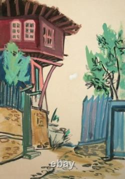 Tableau ancien huile paysage maison de village européenne