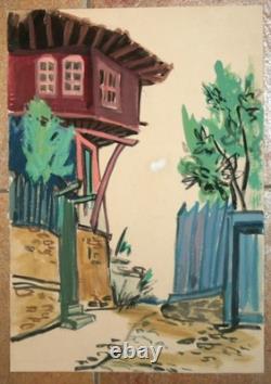 Tableau ancien huile paysage maison de village européenne