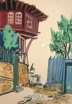 Tableau ancien huile paysage maison de village européenne