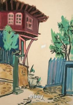 Tableau ancien huile paysage maison de village européenne